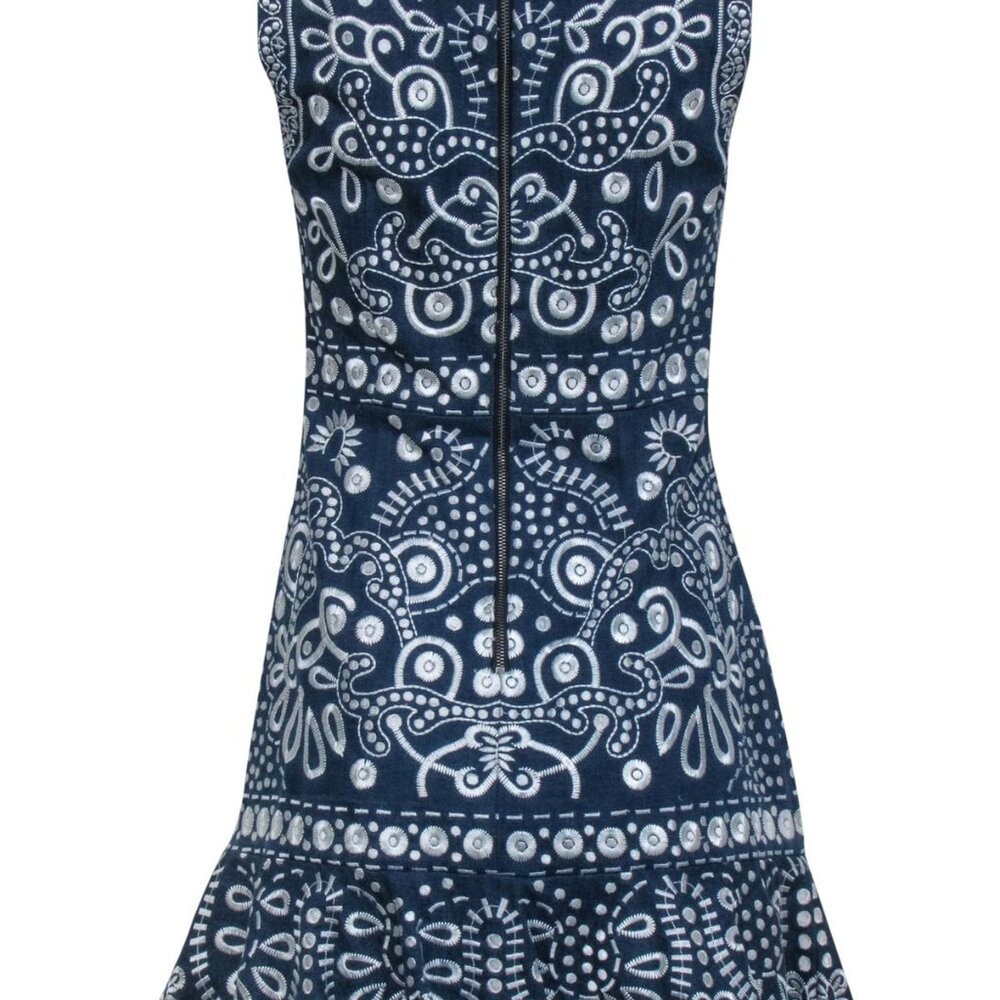 ALICE + OLIVIA Rapunzel Embroidered Denim Flounce Mini Sheath Dress Size 0 - Picture 3 of 5